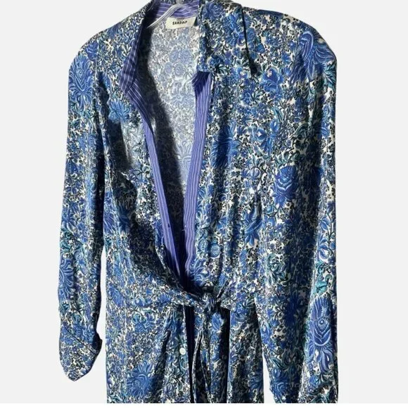 Sandro Dress Size 0 Blue Floral Wrap Midi 3/4-Sleeve Collar‎ Tie *READ FLAW* - Picture 10 of 10